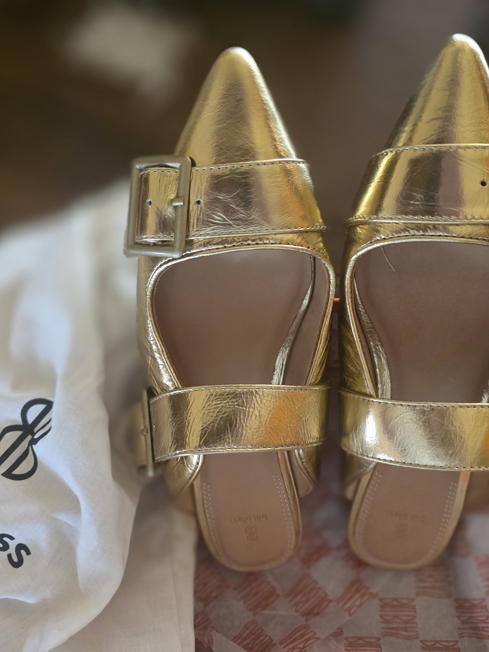 Gold Metallic Pointed-Toe Mary Jane Flats - bill blass Sz 8